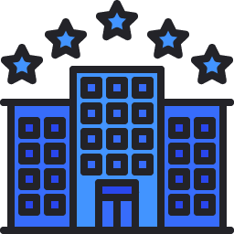 Icon of hotel with five stars above it